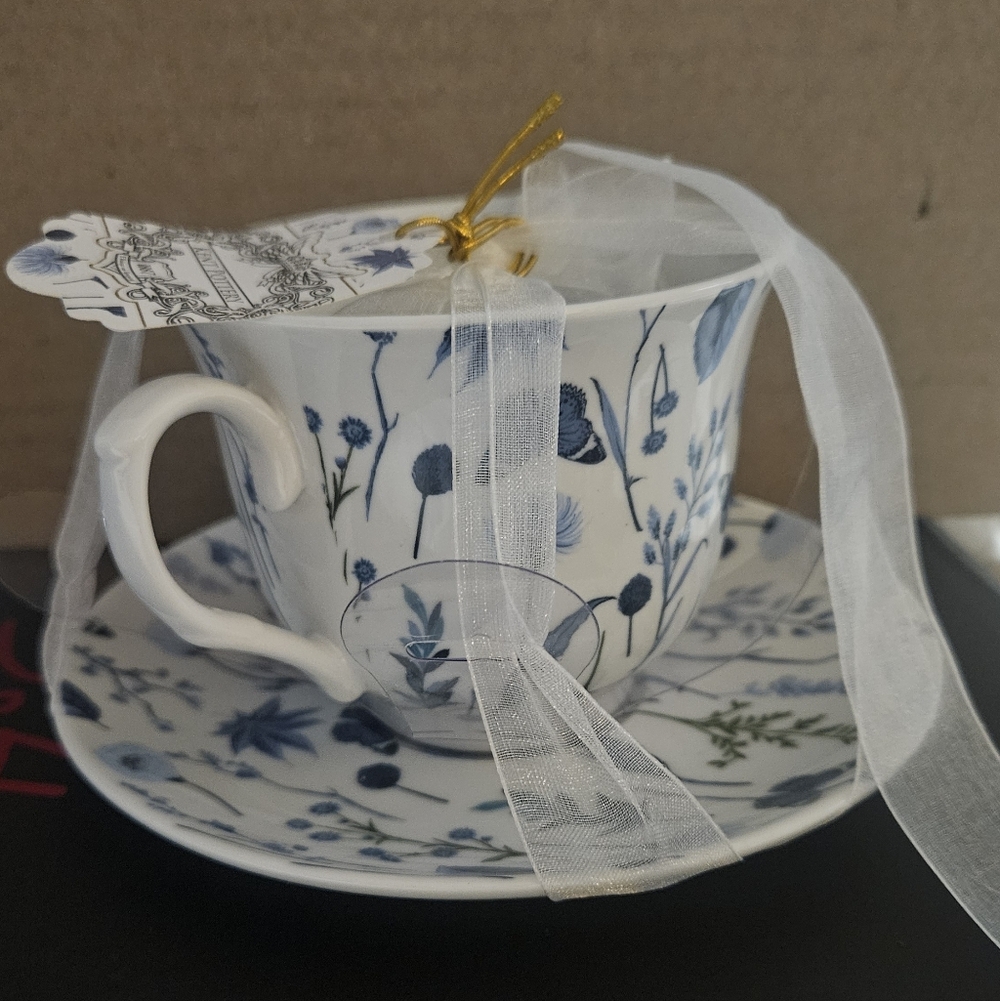 Kent Pottery Floral Blue and White Teacup and Saucer Set